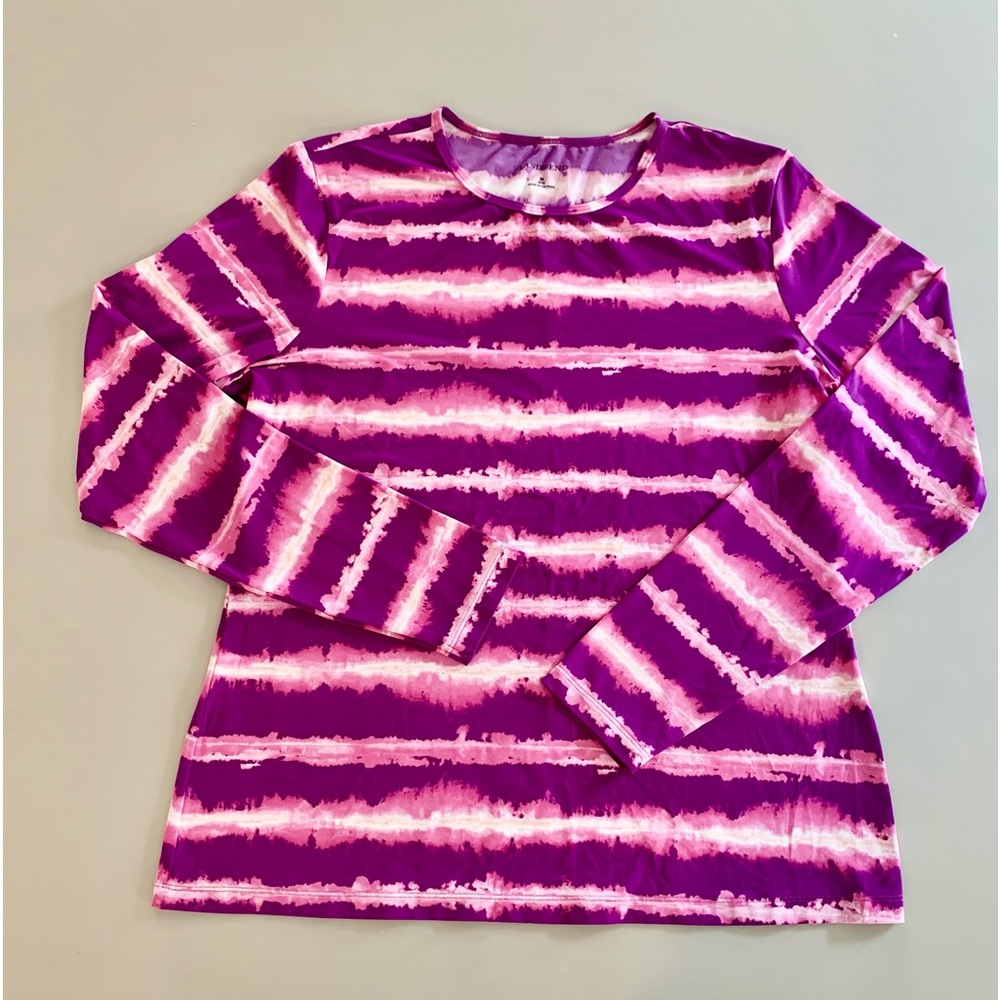LANDS END purple/pink print long sleeve 97%poly/3% elastane Top size MED 10-12